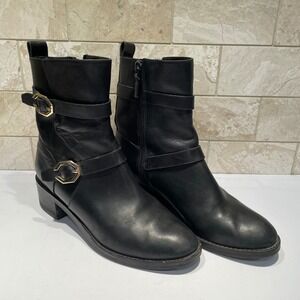 Cole Haan Grand.OS Black Leather Moto Ankle Boots Leela Gold Buckle Womens 8B